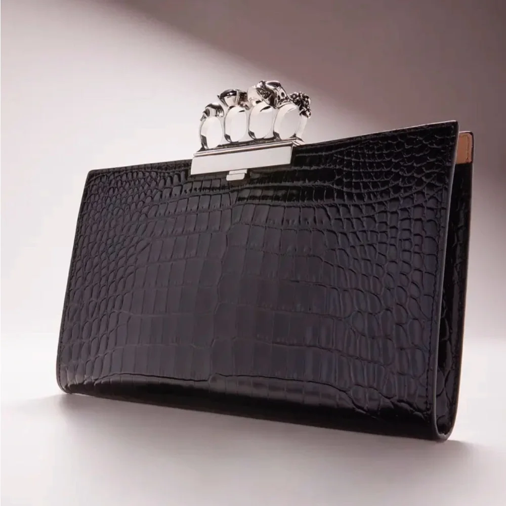 Alexander McQueen Shiny Croc-Embossed Flat Knuckle Clutch Bag - Picture 1 of 8